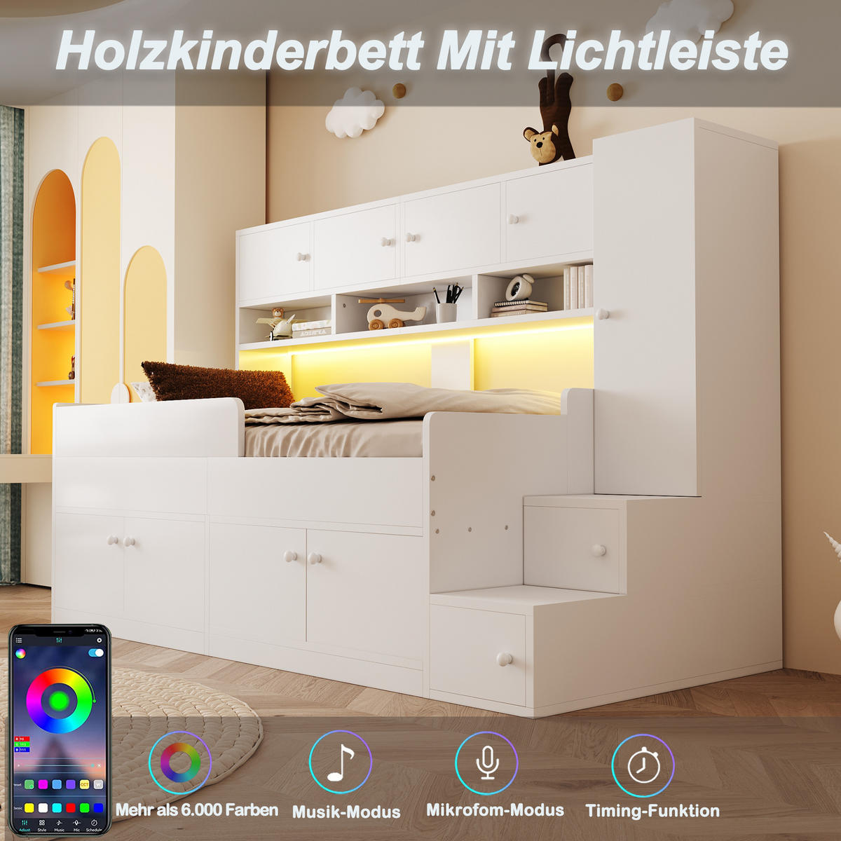 HOCHBETT 90x200 Weiß Holz Schrank LED Stauraum - Weiß, Holz (90/200cm) - FLIEKS