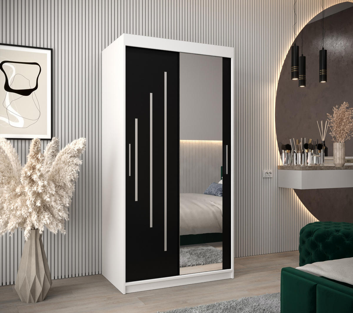 SCHWEBETÜRENSCHRANK 200/100/62 2-türig - Silberfarben/Schwarz, Holz/Kunststoff (100/200/62cm) - Abiks Möbel