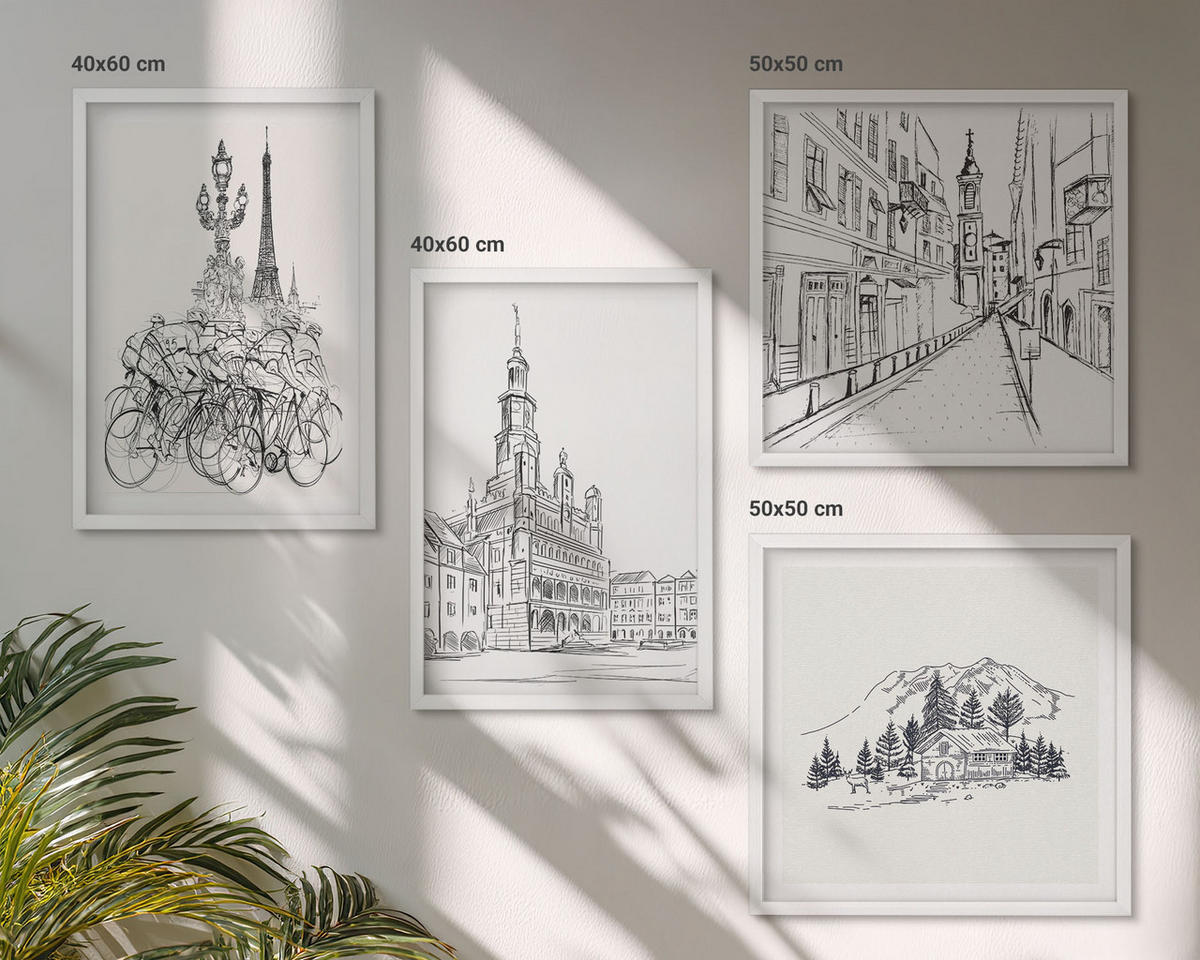 WANDBILDER 4er-Set - 50x50 cm & 40x60 cm Weißer Rahmen - Einfache Zeichnungen von Stadtansichten - Weiß, Kunststoff (50/50cm) - ArtPrintCave