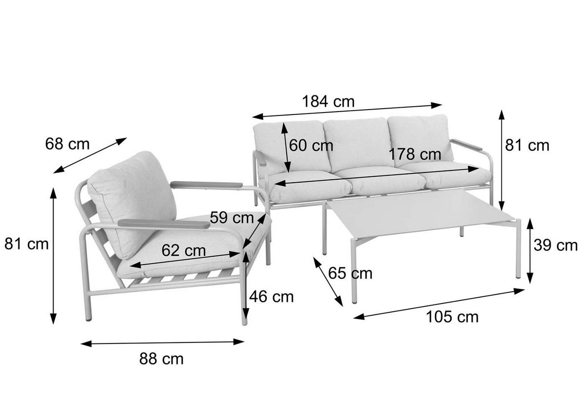 GARTENGARNITUR Hellgrün, Beige 1x 3-Sitzer Gartenbank, 2x Sessel und 1x Tisch-Set - Beige/Hellgrün, Metall - MCW