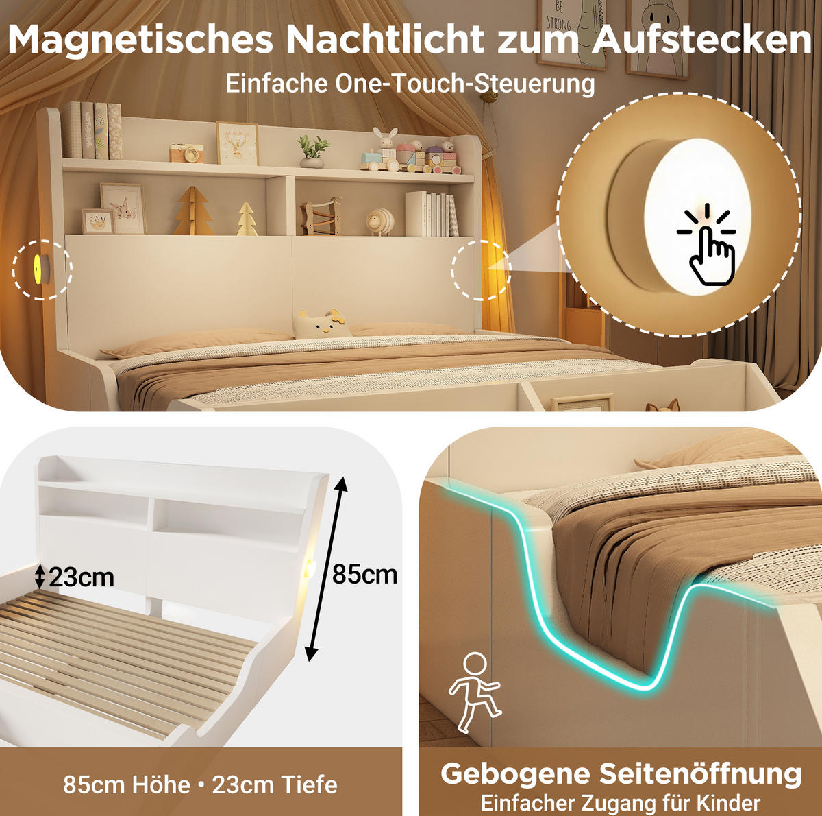 DOPPELBETT aus Holz 140x200 cm Weiß mit Lattenrost, Bücherregal und Nachtlichtern - Weiß, Holz (140/200cm) - IVMEU
