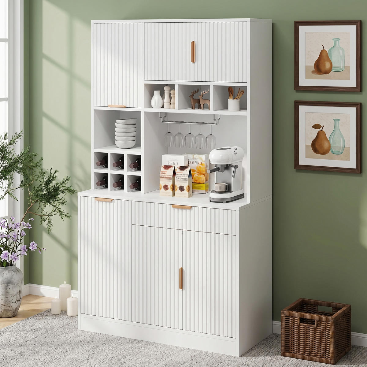 BUFFETSCHRANK Hochschrank Steckdose USB Weinablage Weiß - Weiß, Holzwerkstoff (100/175/40cm) - FLIEKS