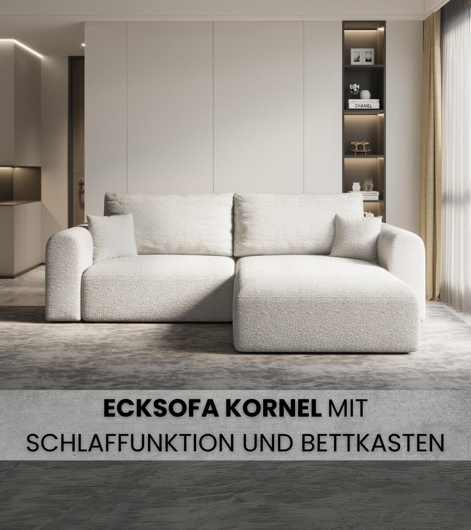 ECKSOFA Kornel mit Schlaffunktion Weiß Boucle - Weiß, Textil (248/165cm) - Bromarkt