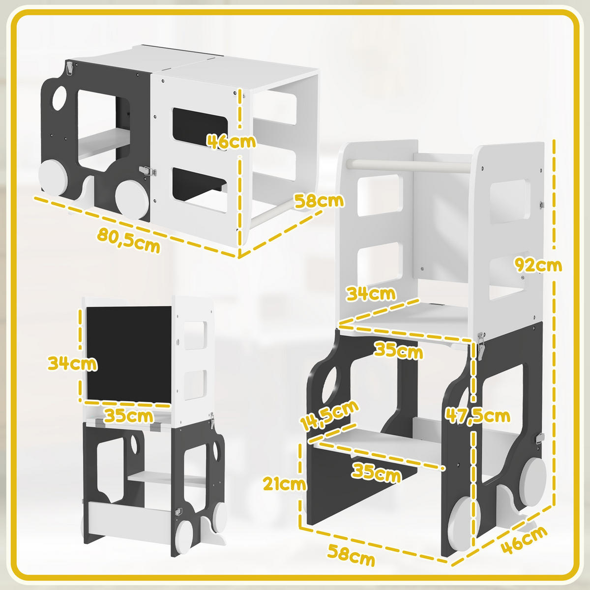 LERNTURM DE-17248 4-in-1 mit doppelseitiger Tafel & Autodesign Grau - Weiß, Holzwerkstoff (46/92/58cm) - ComfortXL