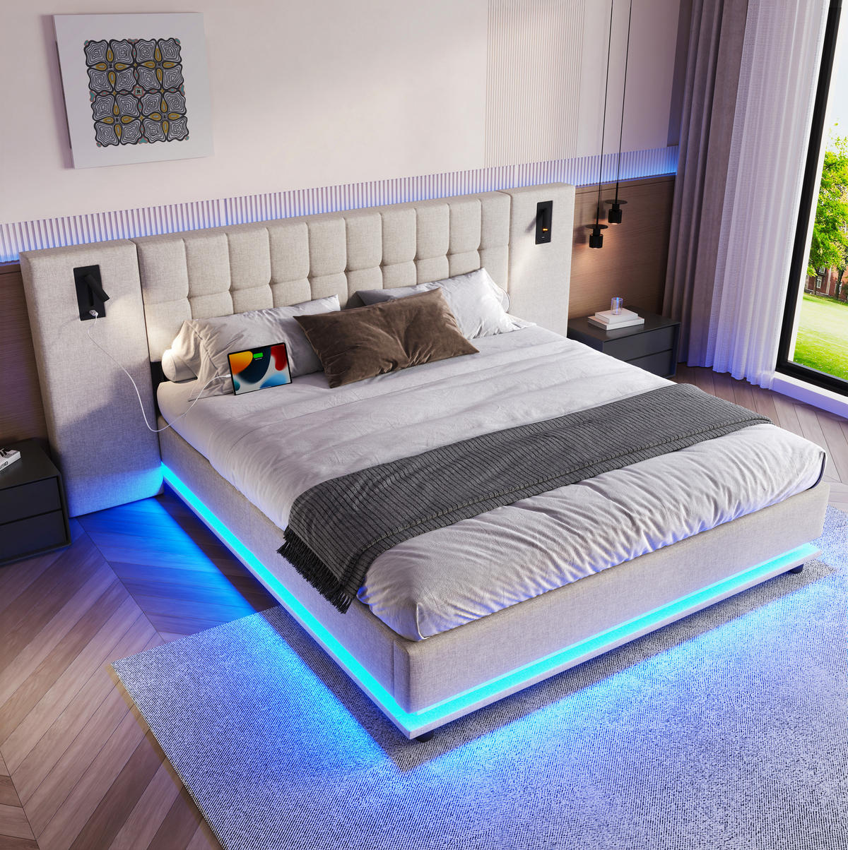 ČALÚNENÁ posteľ z ľanu a MDF 180x200 cm béžová s LED osvetlením, USB portom, čítacím bodom a bez matraca - béžová, textil (180/200cm) - Modfu