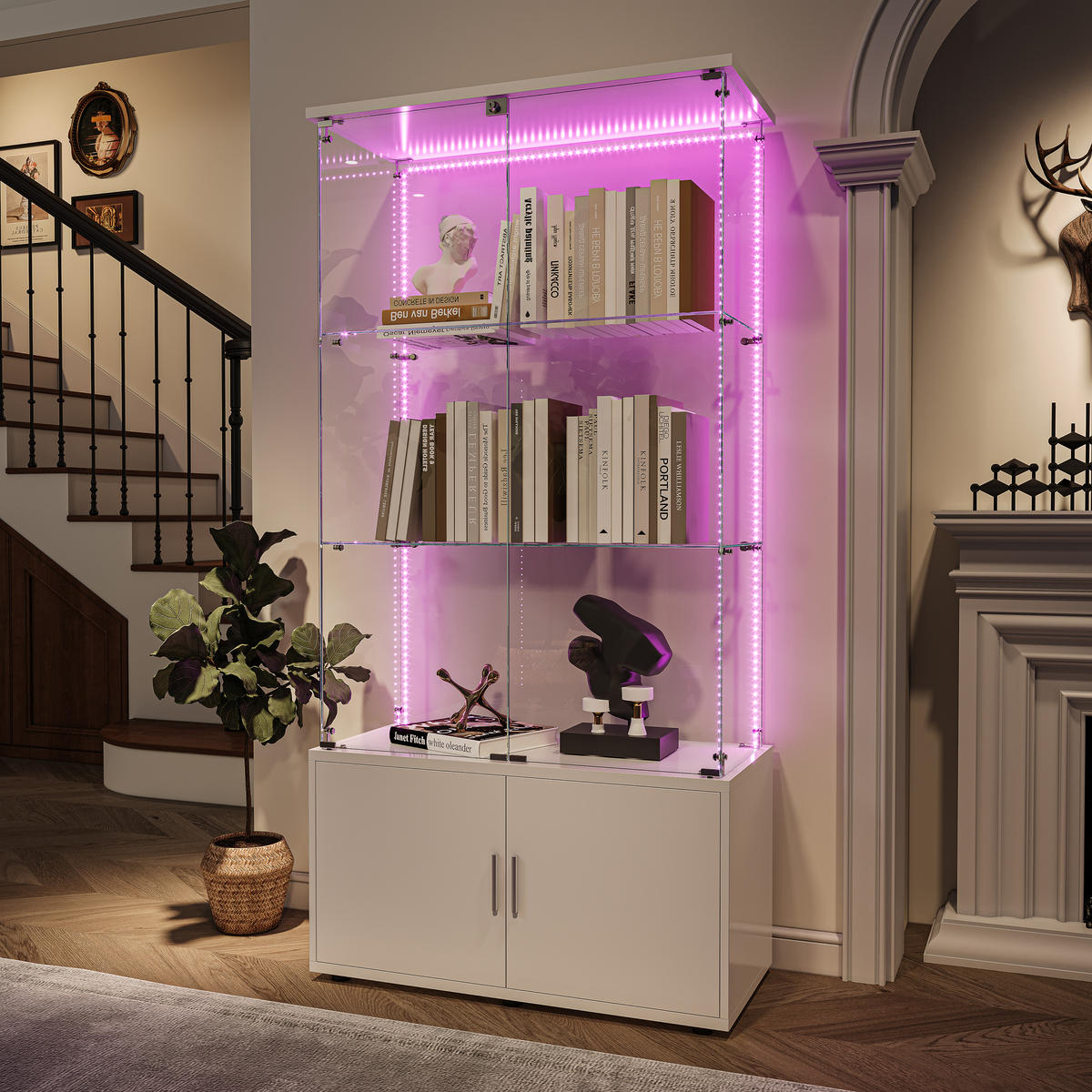 GLASVITRINE 164x78,5x35 cm 4 Türen 6 Einlegeböden LED weiß - Weiß, Holz (78.5/164/35cm) - LEBENLANG