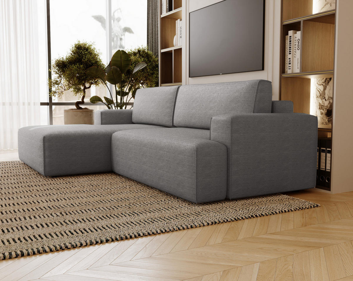 ECKSOFA L-Form 270 cm Boston mit Bettkasten, Schlaffunktion, Links, Grau - Grau, Holz (165/270cm) - Emporius