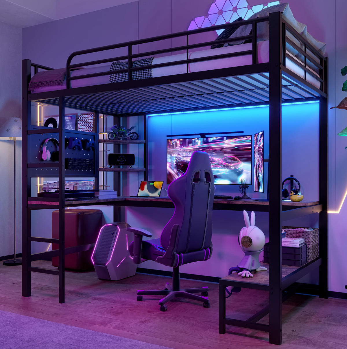 HOCHBETT 90/200 cm schwarz aus Metall mit LED und Schreibtisch - Schwarz, Metall (90/200cm) - OKWISH