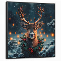 LEINWAND Bilder mit Rahmen - Hirsch - Weihnachten - Winter - Schnee - Weihnachtskranz - 90x90 - Dunkelbraun, Textil (90/90cm) - MuchoWow