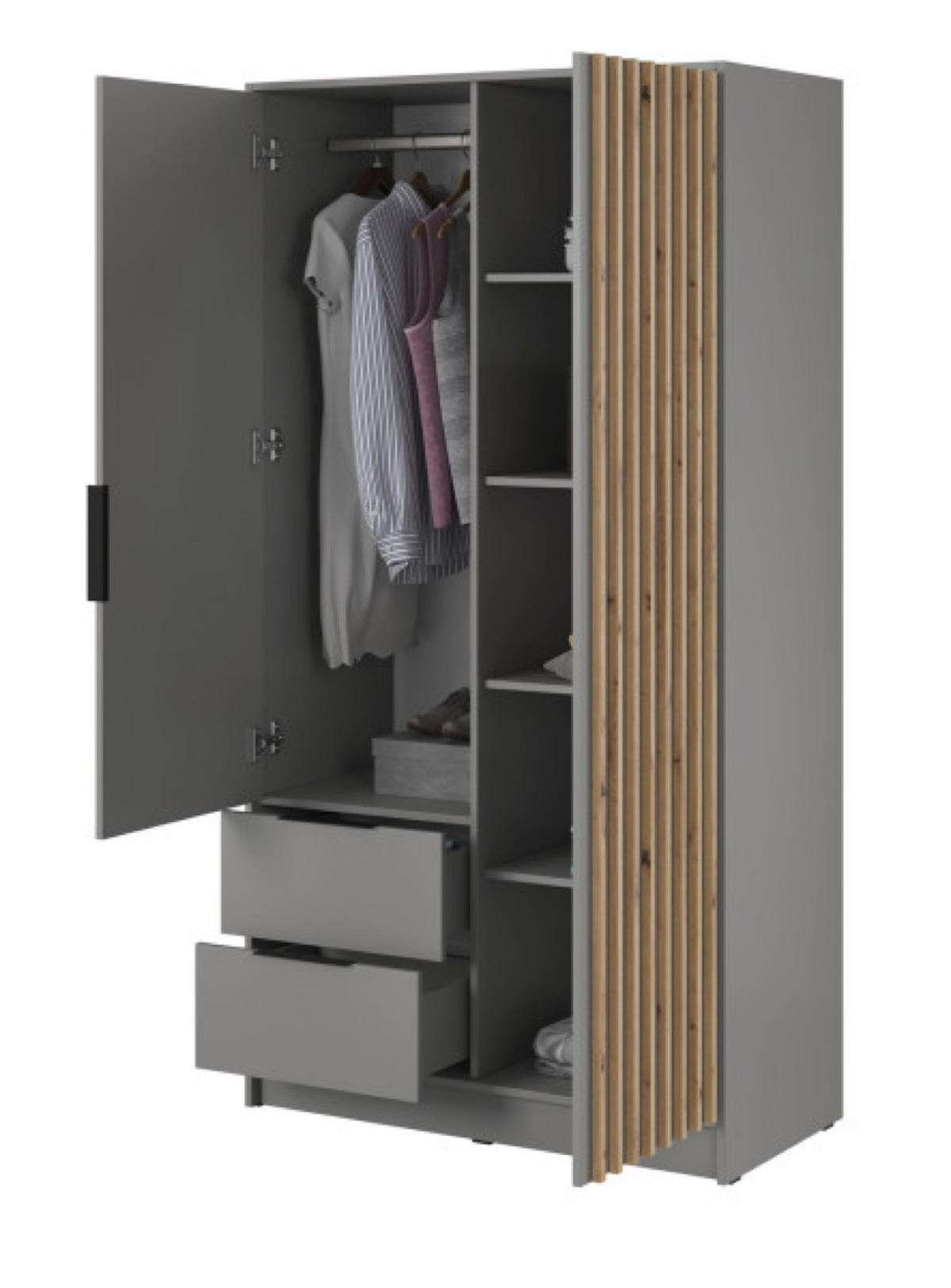 SCHRANK Grau KELLY Zweitürig Mit Lamellen 105 cm Mit Regalen - Grau, Holzwerkstoff (105/200/51cm) - Sepro Meble