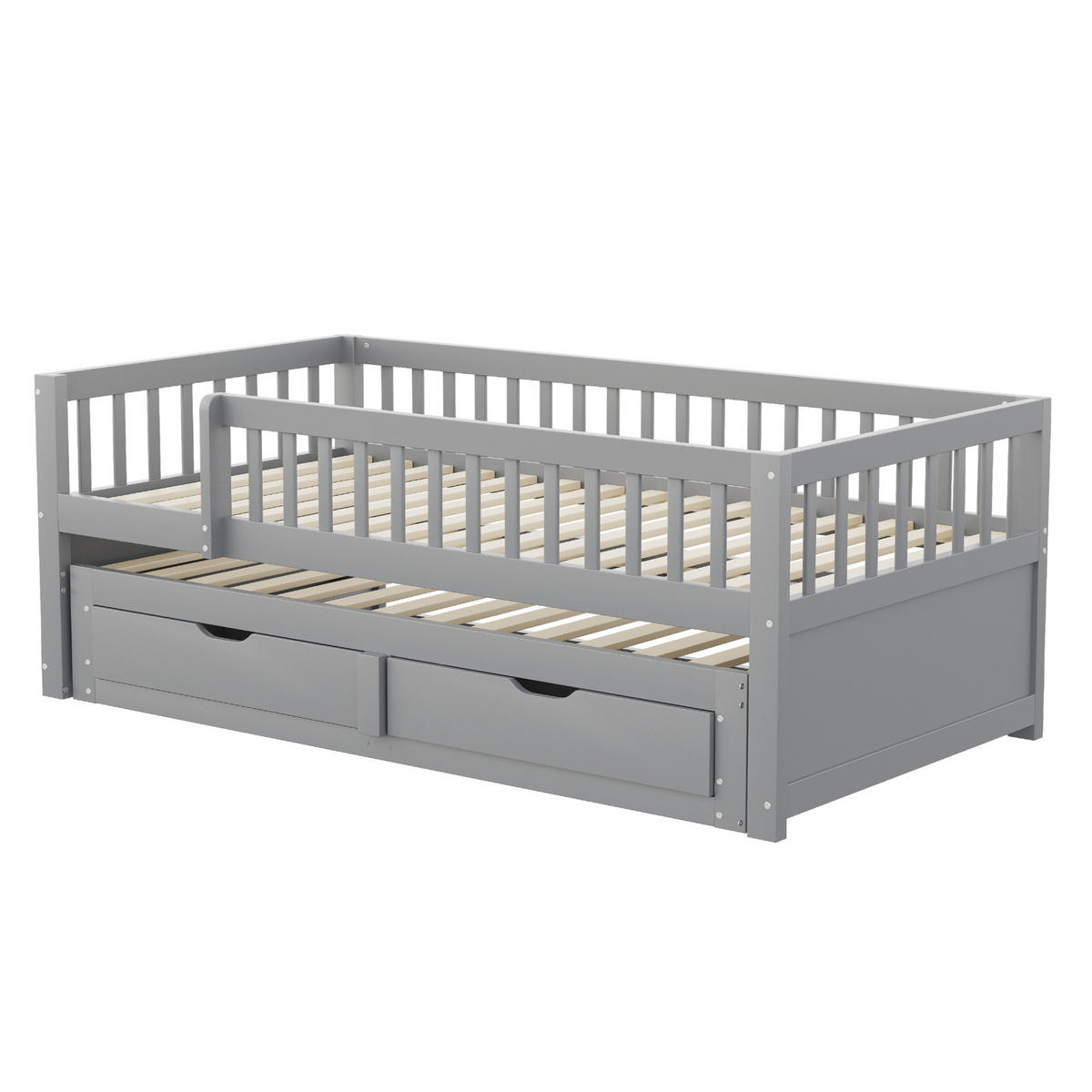 BETT mit Ausziehbett und 2 Schubladen 90x200 cm Kiefernholz Grau - Grau, Holzwerkstoff (90/200cm) - Beauniv