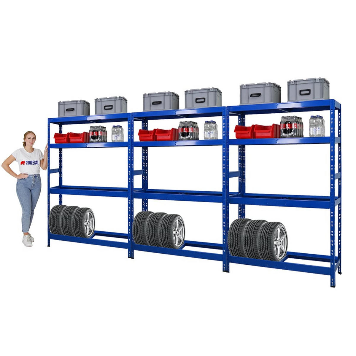 REIFENREGAL Tiger 3er-Set 180x120x40 cm bis zu 12 Reifen auf 2 Ebenen mit 2 Fachboden Blau - Blau, Metall (360/180/40cm) - PROREGAL