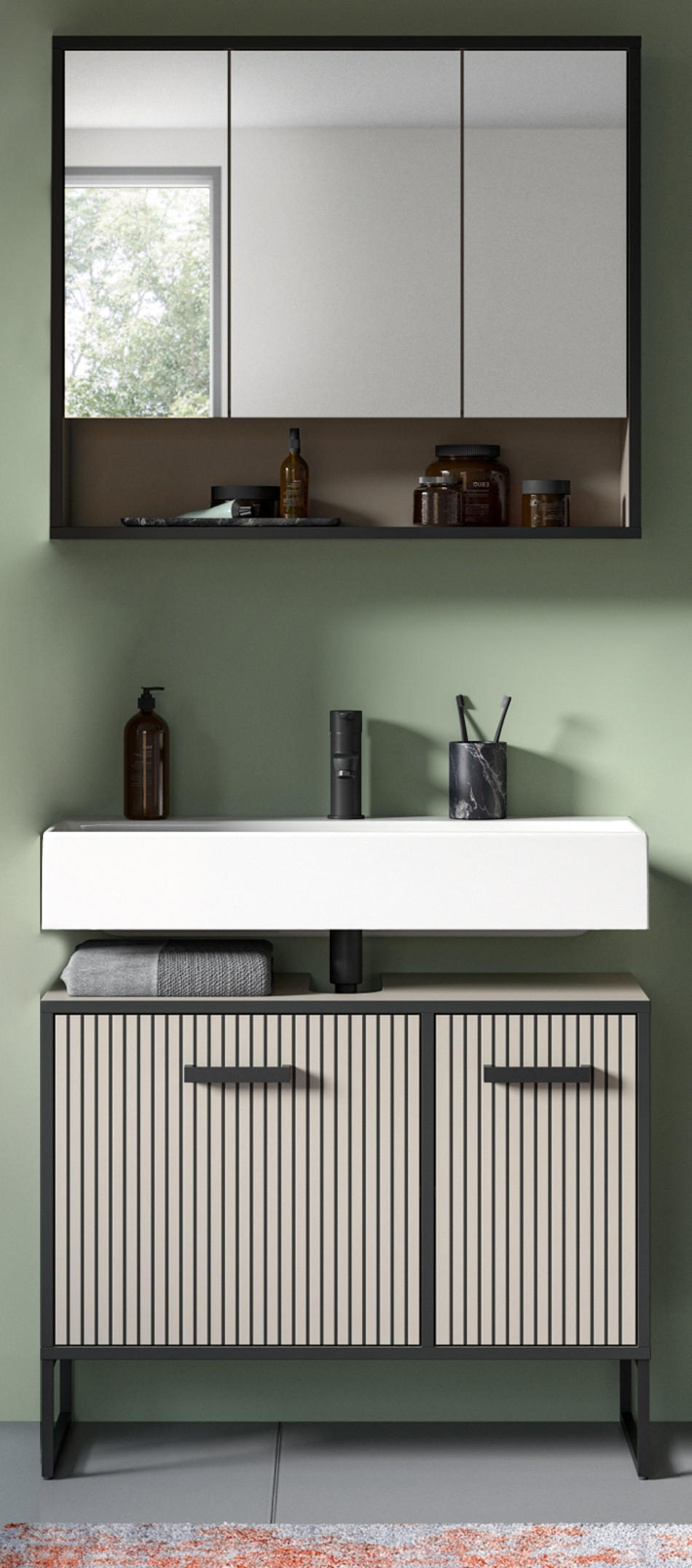BADMÖBEL-SET 2-teilig Scana in schwarz, sand 80 cm, Kombination mit Soft-Close - Sandfarben/Schwarz, Glas/Holzwerkstoff (80/192/36cm) - Inn.Furn