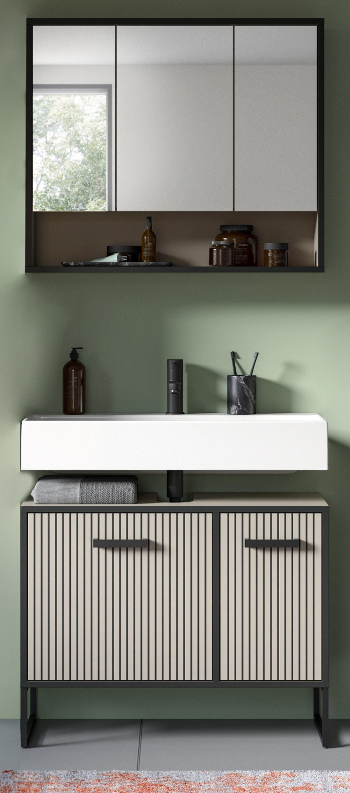 BADMÖBEL-SET 2-teilig Scana in schwarz, sand 80 cm, Kombination mit Soft-Close - Sandfarben/Schwarz, Glas/Holzwerkstoff (80/192/36cm) - Inn.Furn