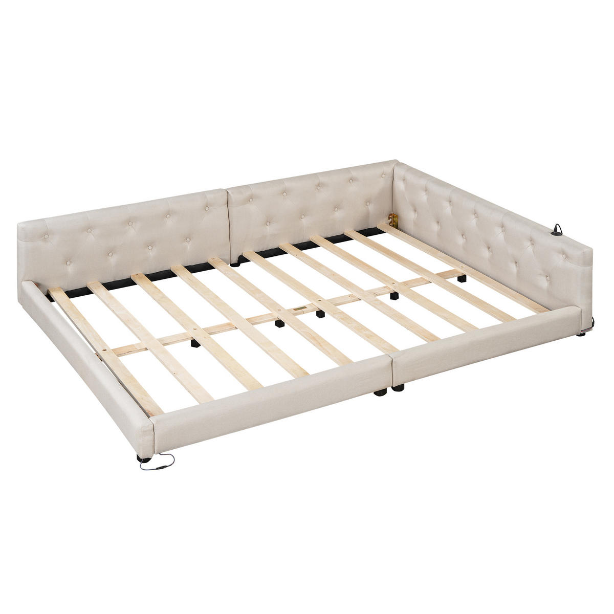 SCHLAFSOFA 140x200cm Beige Leinen LED-Licht Kopfteil USB-C - Beige, Holz (140/200cm) - FLIEKS