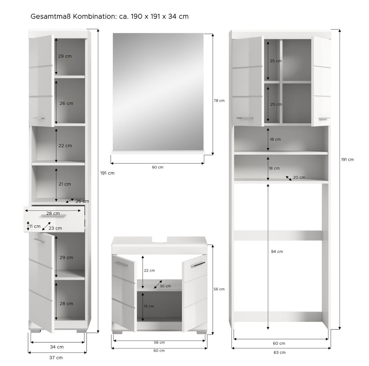 BADMÖBEL-SET weiß Hochglanz 4-teilig 190 cm, Komplettset mit viel Stauraum - Weiß Hochglanz, Glas/Holzwerkstoff (190/191/34cm) - Inn.Furn
