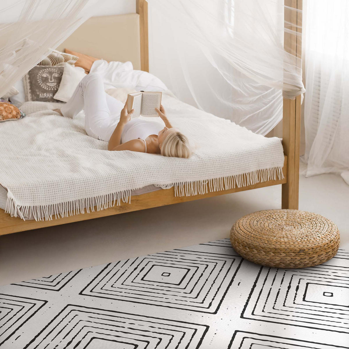 TEPPICH 120x180 cm Regelmäßige Quadrate Boho Muster - Schwarz/Weiß, Kunststoff (120/180cm) - Wallfluent