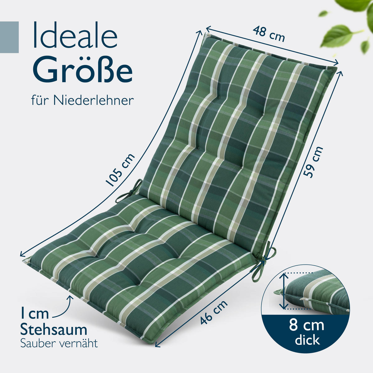 NIEDERLEHNERAUFLAGE Sun-NL 105/50/8cm Grün-Kariert - Multicolor, Textil (50/8/105cm) - Beautissu 