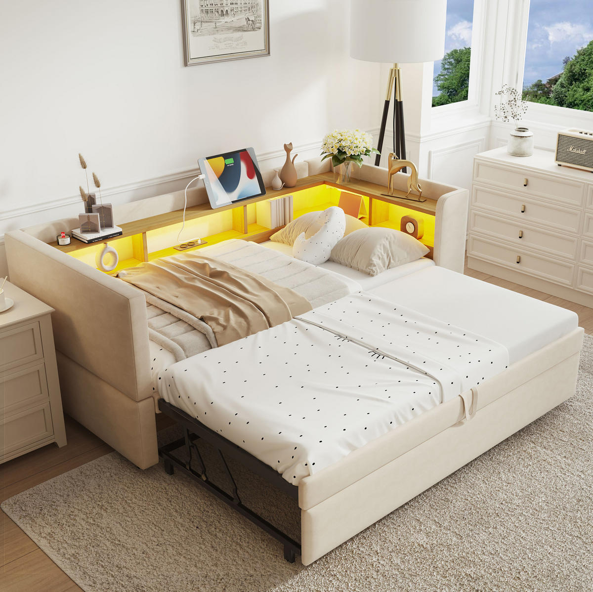 POLSTERBETT 90/180 x 190 cm aus Flanell mit LED-Beleuchtung und Steckdosen Beige - Beige, Textil (90/190cm) - Modenvie
