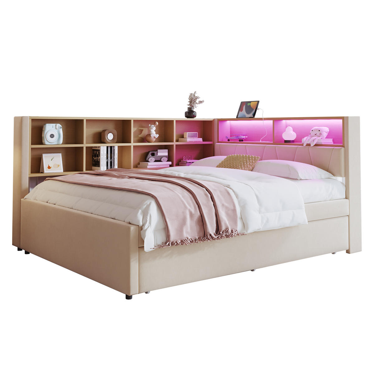 BETT mit Ausziehbett 140/200 cm & 90/190 cm mit LED-Beleuchtung und USB-Anschlüssen Flanell Beige - Beige, Textil (140/200cm) - OKWISH