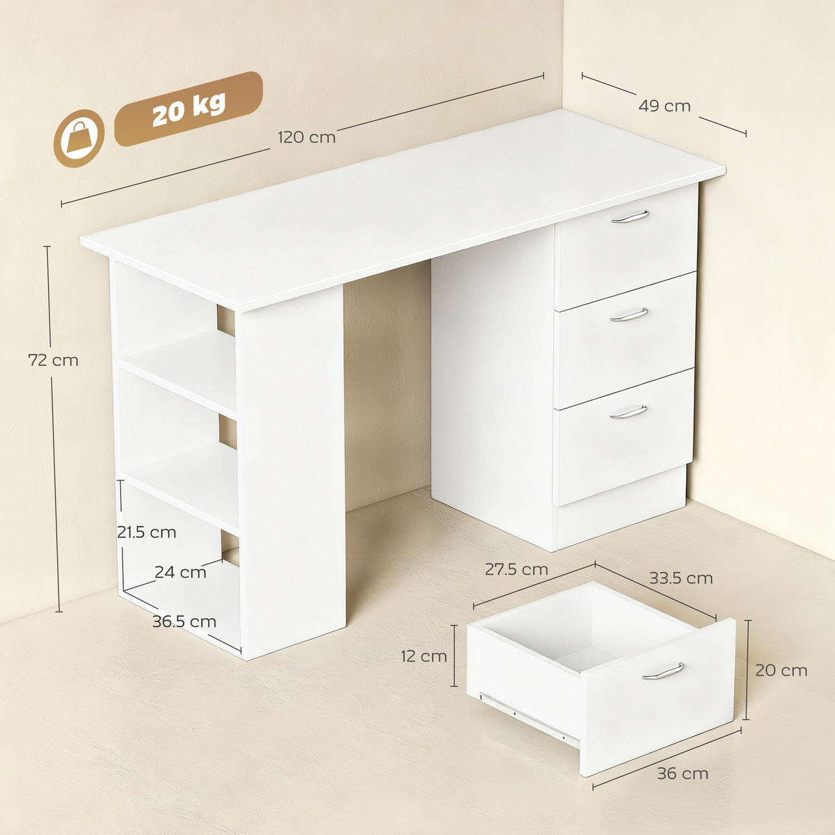 BÜROTISCH Weiß 1 Stück - Weiß, Holzwerkstoff (49/120/72cm) - GiPP