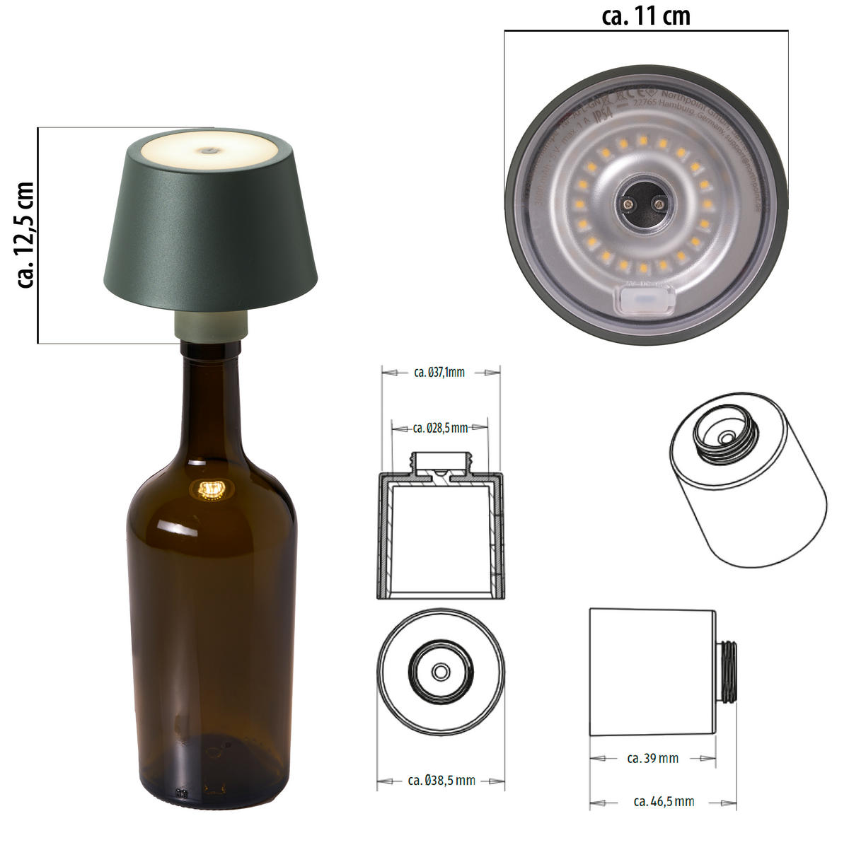 LED-AKKU-TISCHLAMPE - dimmbar mit Touchsensor und Flaschenaufsatz für Innen und Außen, olivegrün - Grün, Metall (11/11/12.5cm) - Northpoint