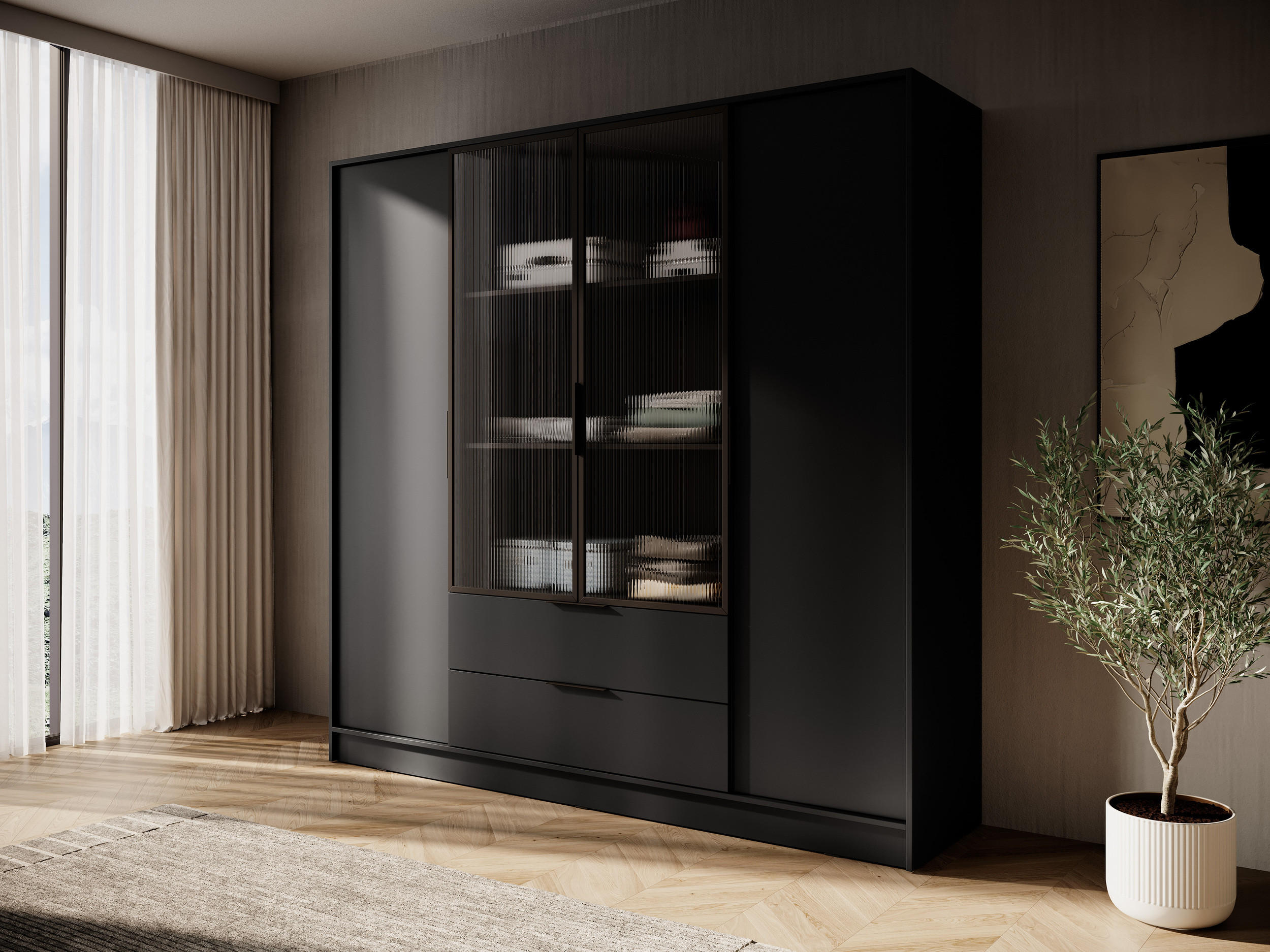 DREHTÜRENSCHRANK - Sevia Schwarz – mit Vitrine in der Mitte - Schwarz, Holzwerkstoff (206/200/51cm) - Möblo