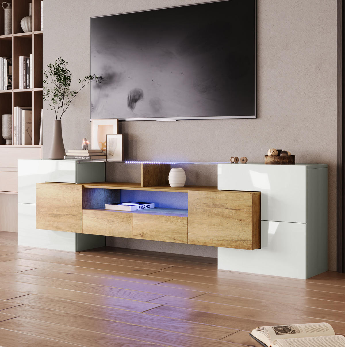 LOWBOARD 200/35/60 cm aus MDF mit LED-Beleuchtung Weiß/Naturfarben - Weiß, Holzwerkstoff (200/60/35cm) - Modenvie