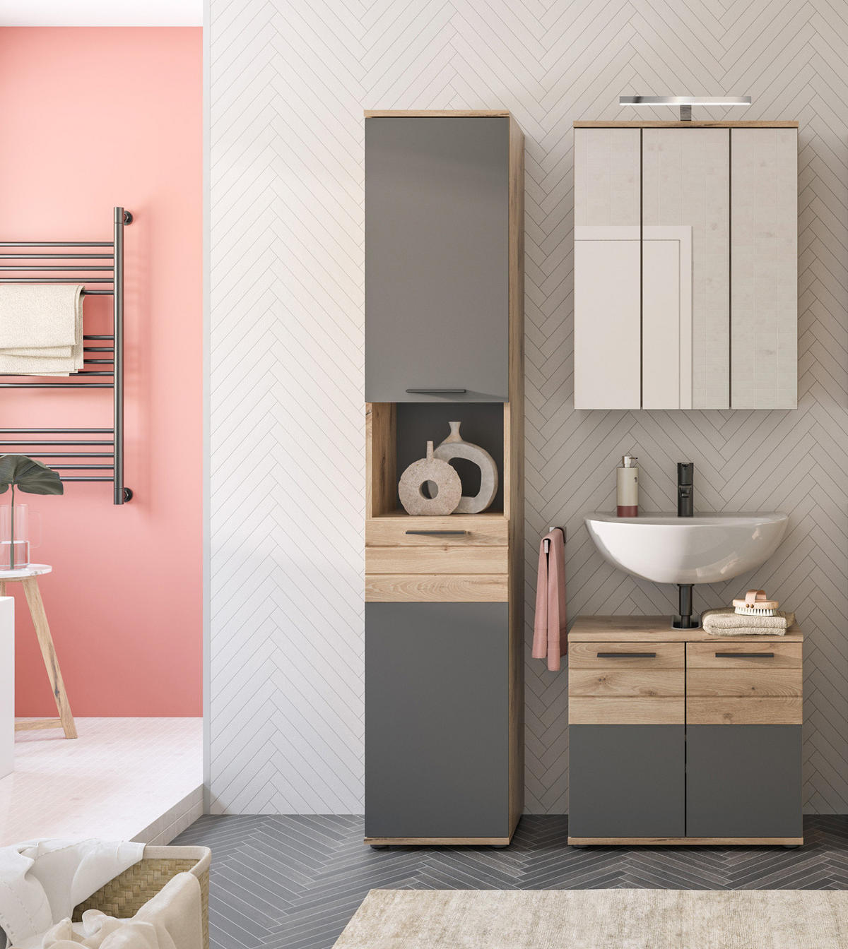 WASCHBECKENUNTERSCHRANK Eiche, grau 60 cm mit Soft-Close - Eichefarben/Schwarz, Holzwerkstoff/Kunststoff (60/56/34cm) - Inn.Furn
