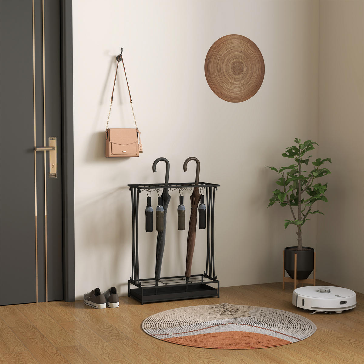 REGENSCHIRMSTÄNDER mit 24 Haken, 21 Löchern, 50 x 24 x 68 cm, Schwarz - Schwarz, Metall (50/68/24cm) - HOMCOM