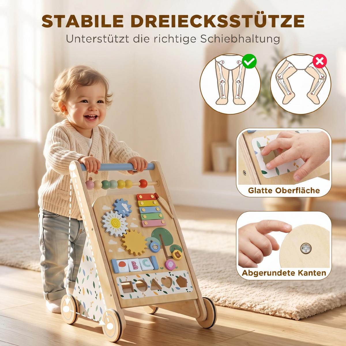 BABY-LAUFLERNWAGEN Mehrschichtplatte Kautschukholz Naturholz Weiß - Naturfarben, Holz (32.4/46/34.5cm) - AIYAPLAY