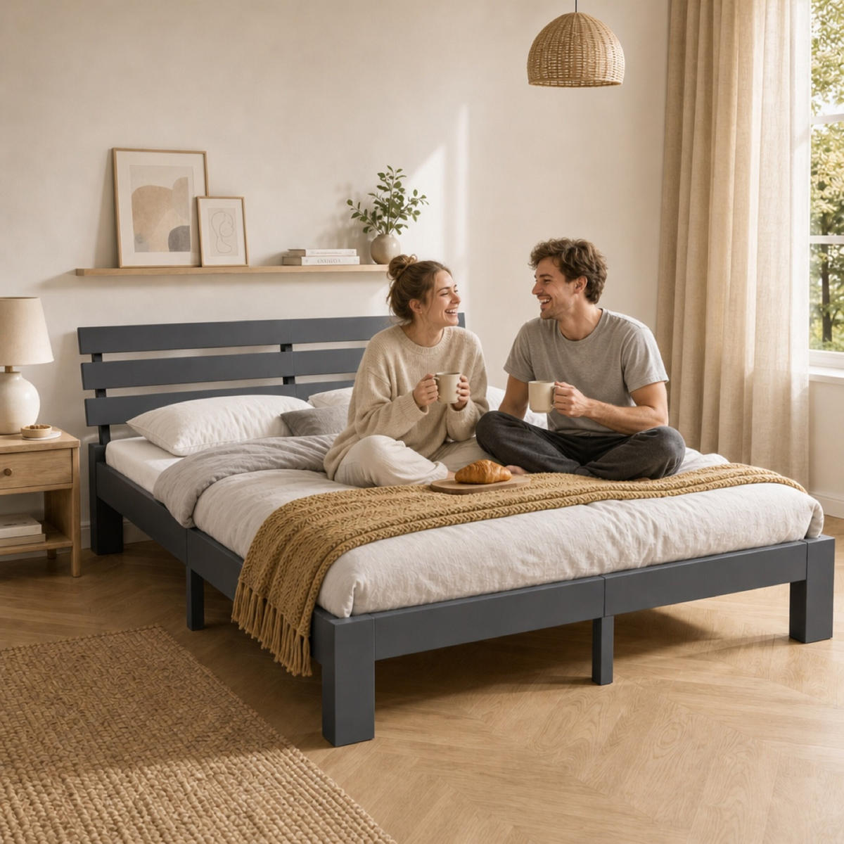 BETT Grau Massivholz mit Lattenrost 160x200 cm - Anthrazit, Holz - Relaxdays