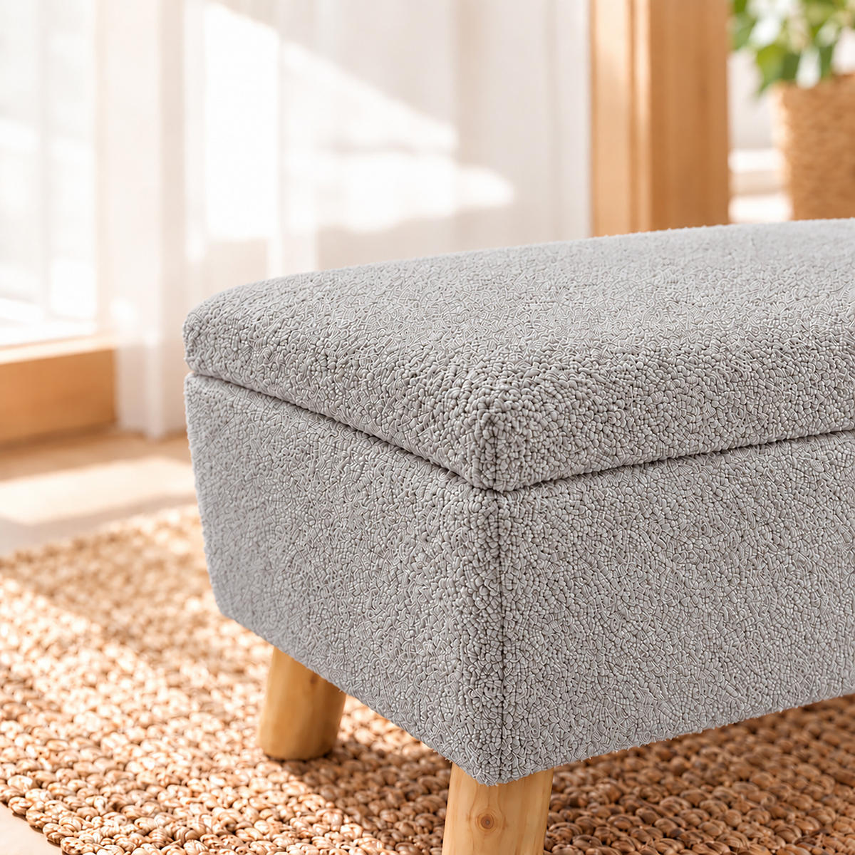 PODNOŽKA Světle šedá s úložným prostorem bouclé dřevěné nohy - šedá, dřevo/plast (40/28/30cm) - Relaxdays