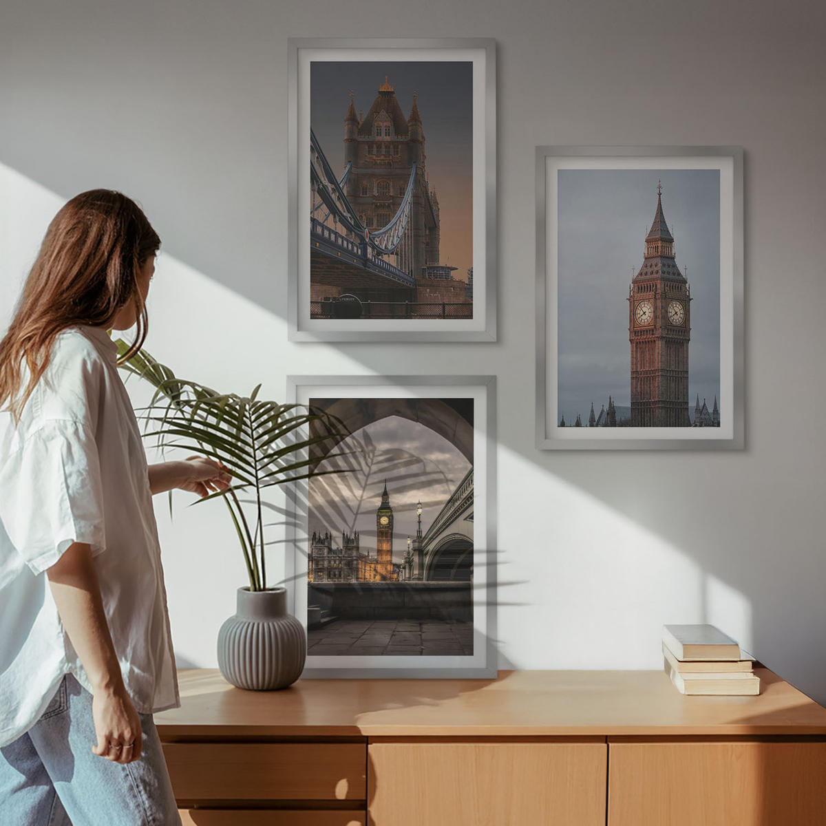 BILDER SET 3er Set - 40x60 cm Silberner Rahmen - London Bridge Big Ben Uhr - Silberfarben, Kunststoff (40/60cm) - TULUP