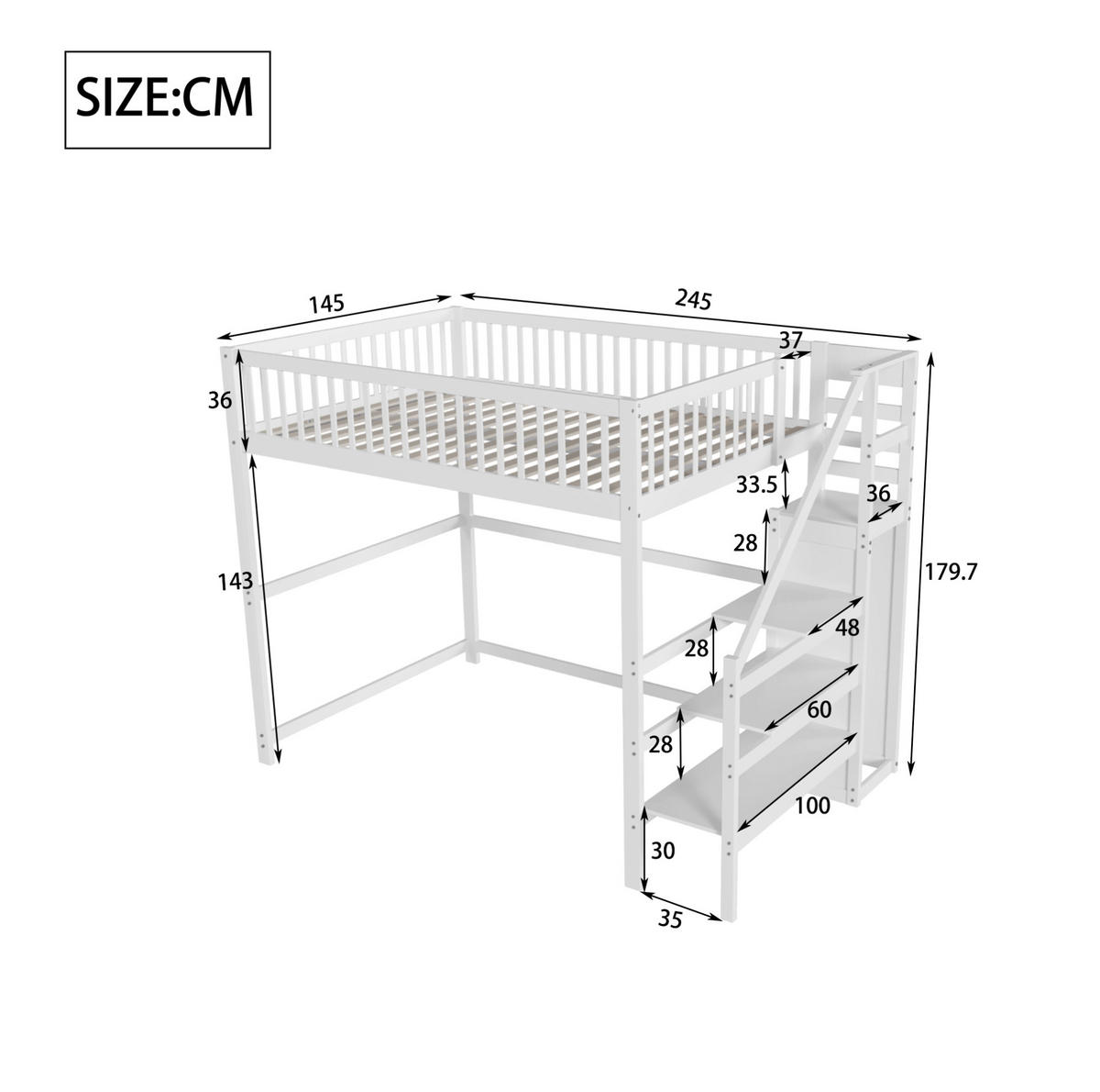PATROVÁ postel 140/200 cm bílá dětská postel z borovicového dřeva se šatní skříní - bílá, dřevo (140/200cm) - OKWISH