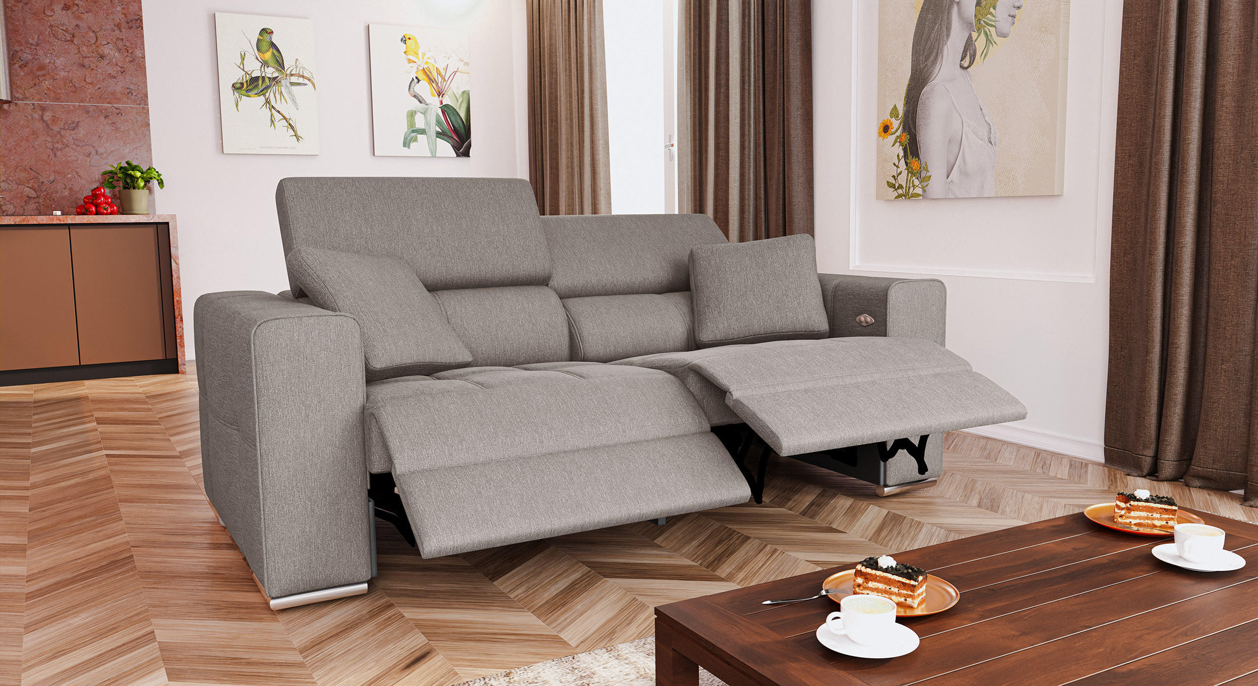 SOFA QUARTZ 3-Sitzer mit 2 Relaxfunktionen, beige - Beige/Silberfarben, Holzwerkstoff/Textil (204/80/102cm) - Courtois Laville