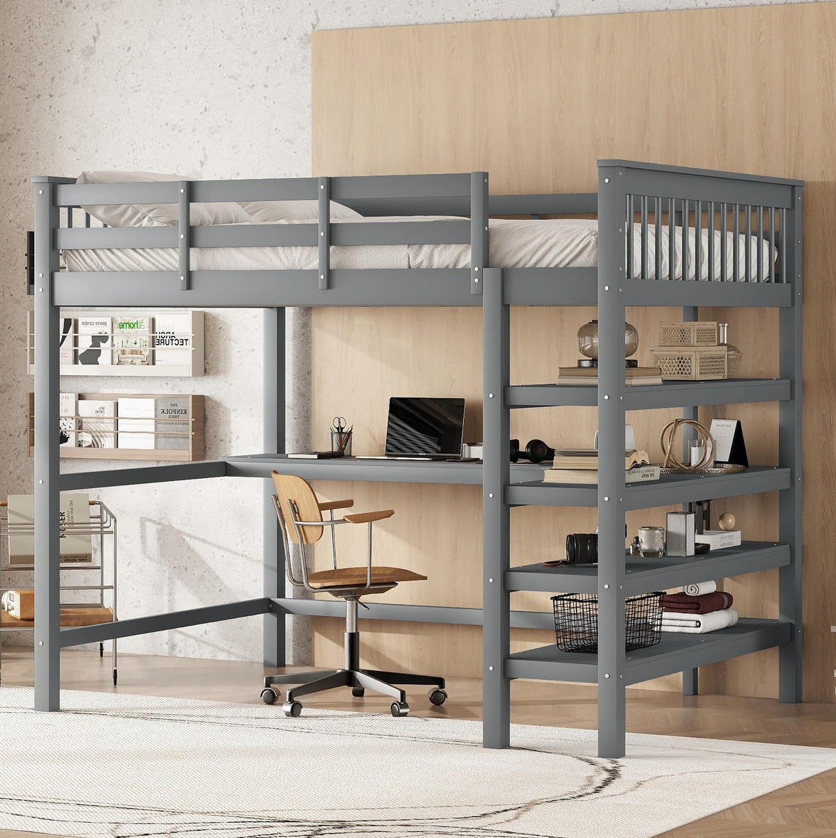 HOCHBETT 140/200 cm, Grau mit Schreibtisch und Ablagefächern ohne Matratze - Grau, Holz (140/200cm) - MIVRAY
