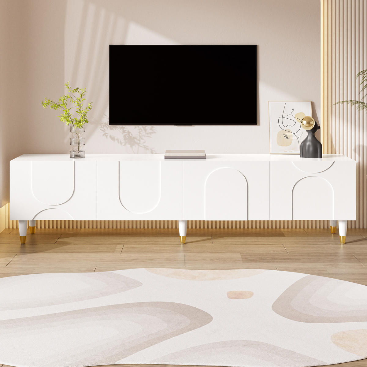 TV-SCHRANK Lowboard 4 Türen Bogenrelief Holzbeine modern - Weiß, Holzwerkstoff (40/50/180cm) - FLIEKS