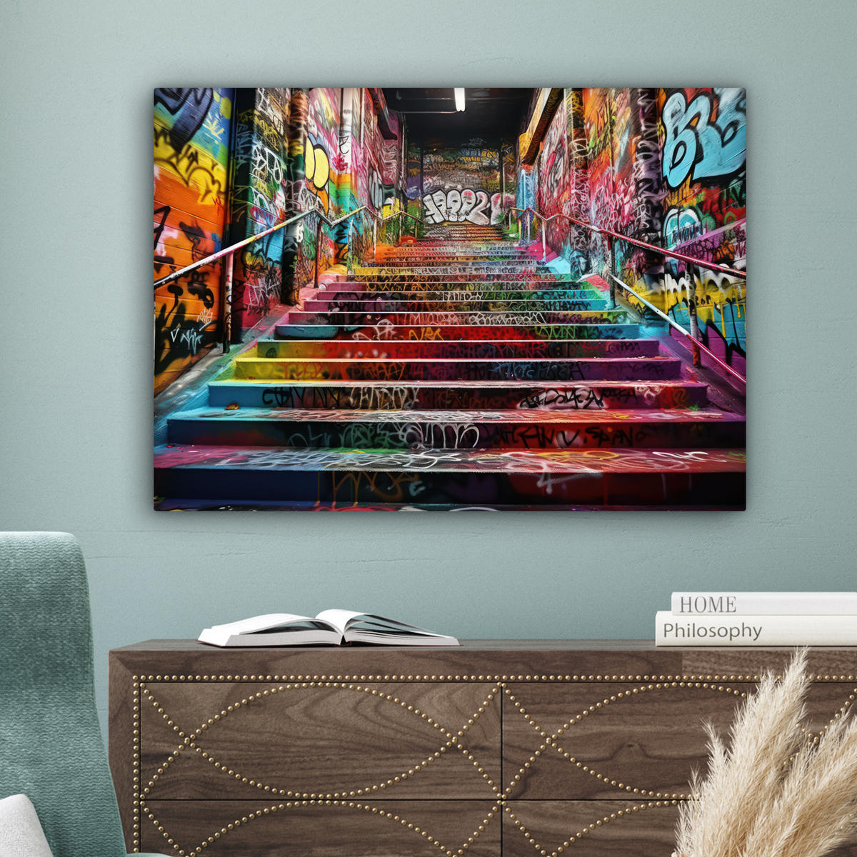 LEINWANDBILD Treppe - Graffiti - Farben - Kunst Wandbilder 80x60 cm - Multicolor, Textil (80/60cm) - MuchoWow