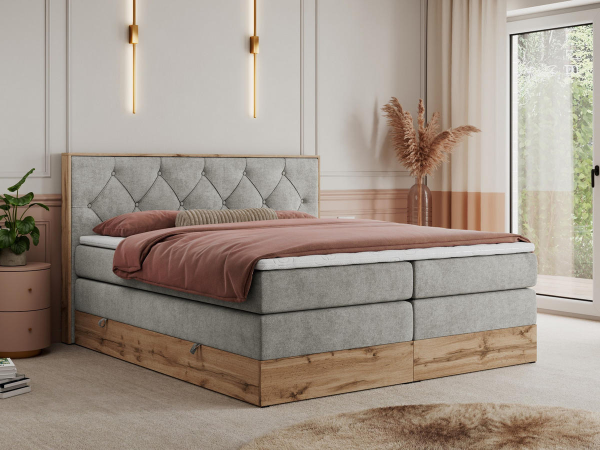 BOXSPRINGBETT VENETO KING 180/200 Hellgrau Struktur - H4 - Hellgrau, Holz/Textil (180/200cm) - MKS