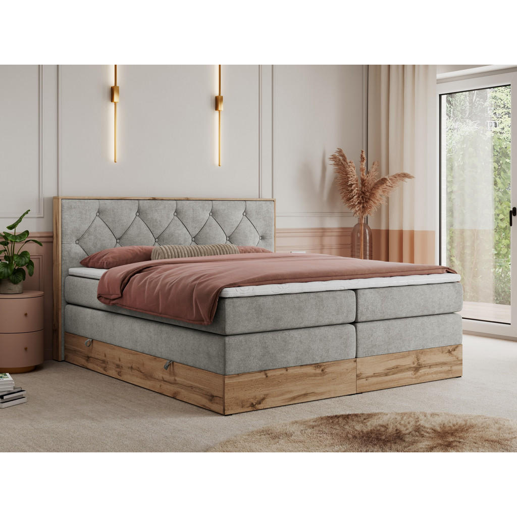 Thumbnail - MKS Boxspringbett, Hellgrau, Textil, 2-Sitzer, H4, Rechteckig, 200x200 cm, Schlafzimmer, Betten, Boxspringbetten