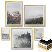 WANDBILDER 5er Set - 50x50 cm & 20x30 cm & 40x60 cm Goldrahmen - Abstrakte Wellen, graue Pastellfarben - Goldfarben, Kunststoff (40/60cm) - ArtPrintCave