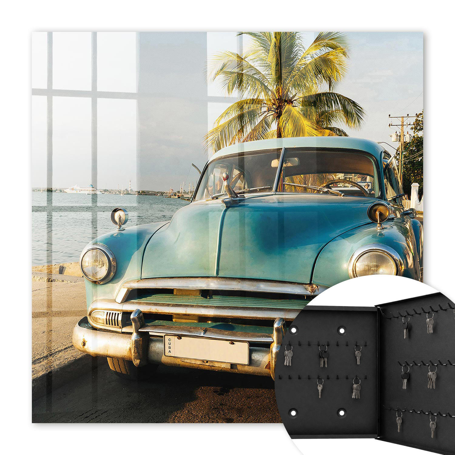 SCHLÜSSELBOX Schwarz 30x30 cm- Türöffnung nach rechts - Retro-Auto - Blau, Metall (30/30/5cm) - TULUP