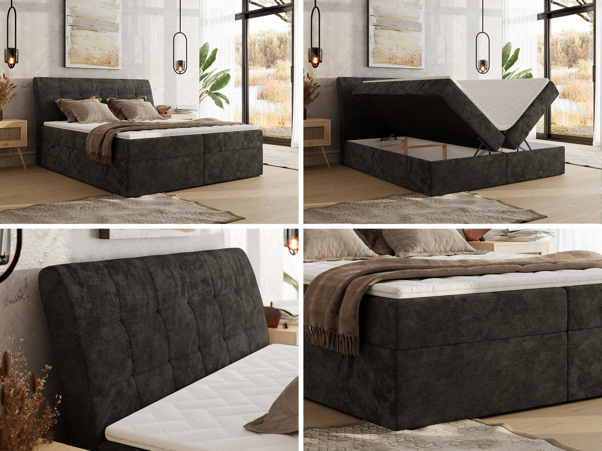 BOXBETT DAGOS 160/200 - Dunkelgrau Schenille glatt - H3 - Topper T25 - Dunkelgrau, Textil (160/200cm) - MKS