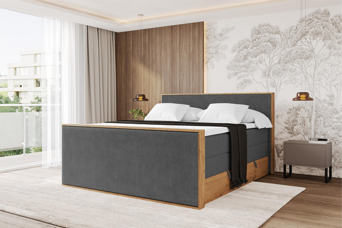BOXSPRINGBETT LOLLI9 -Z-KING 200x200 - H3/H4 Dunkelgrau - Graphitfarben, Holzwerkstoff (200/200cm) - ALTDECOR