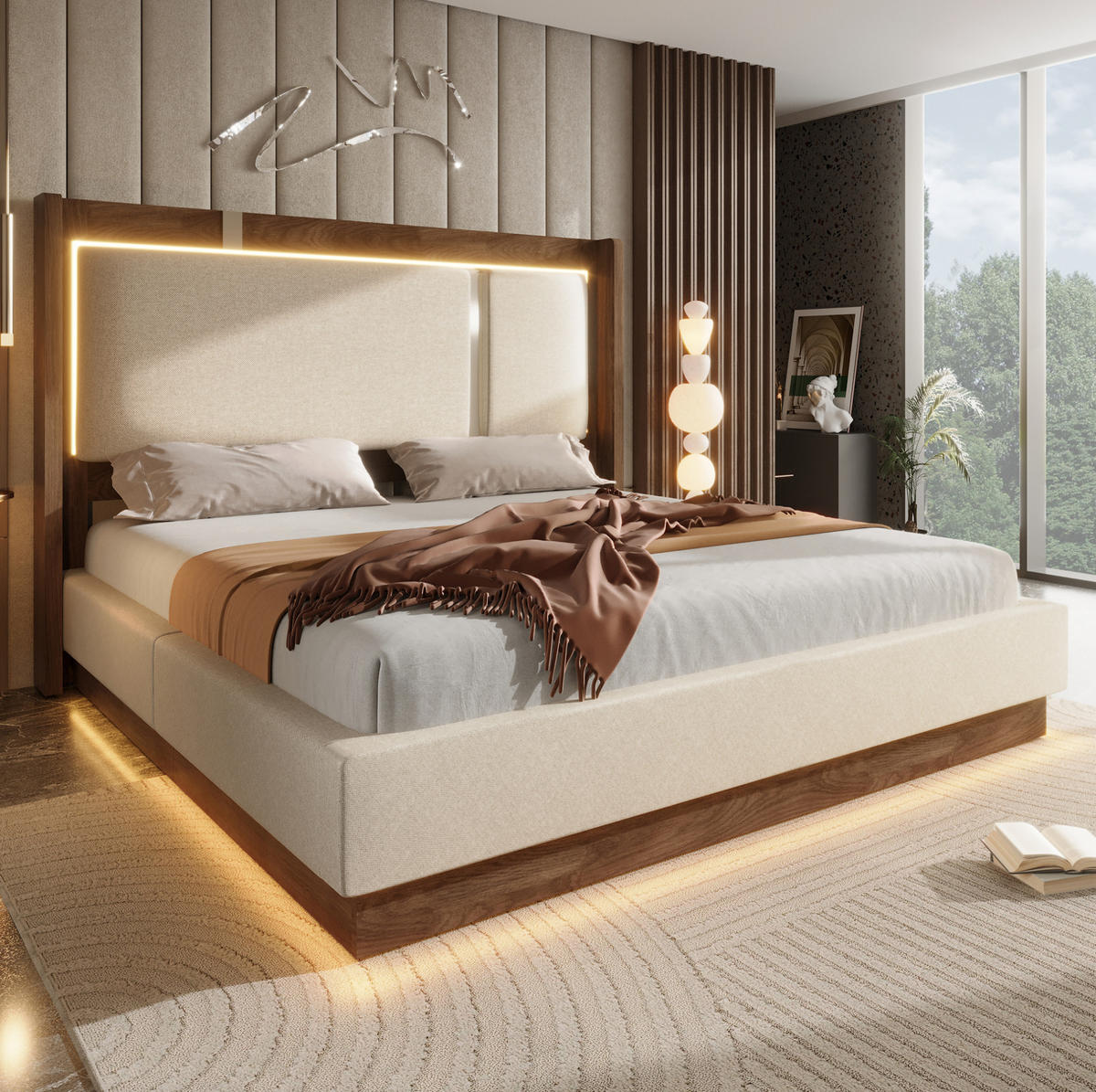 POLSTERBETT aus Leinen, Holz und Metall 180x200 cm Beige/Walnuss mit LED-Beleuchtung, Bettkasten und Lattenrost - Beige, Textil (180/200cm) - Modfu