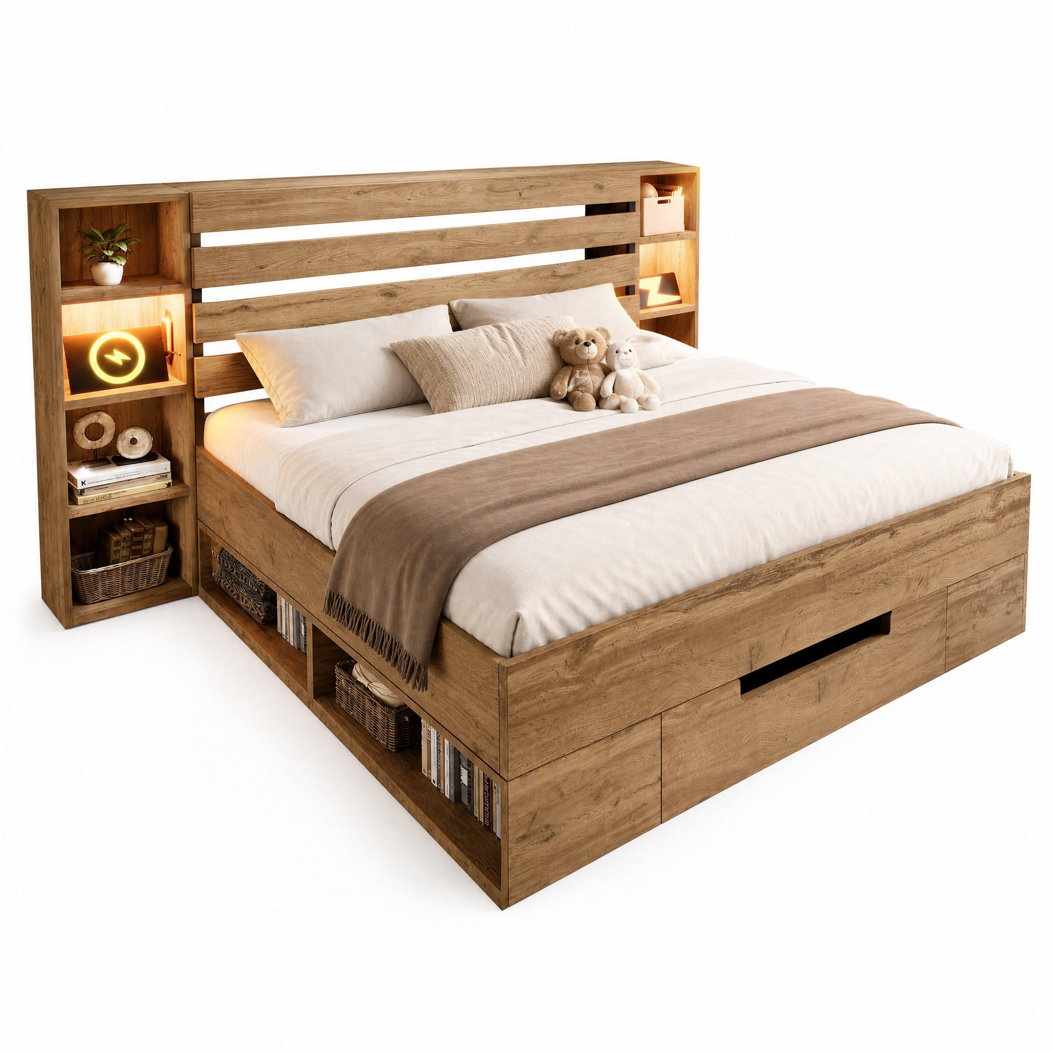 BETTANLAGE 180/200 cm in Eiche mit 2 Schubladen, LED und USB/Type-C - Eichefarben, Holzwerkstoff/Metall (180/200cm) - STILVORA