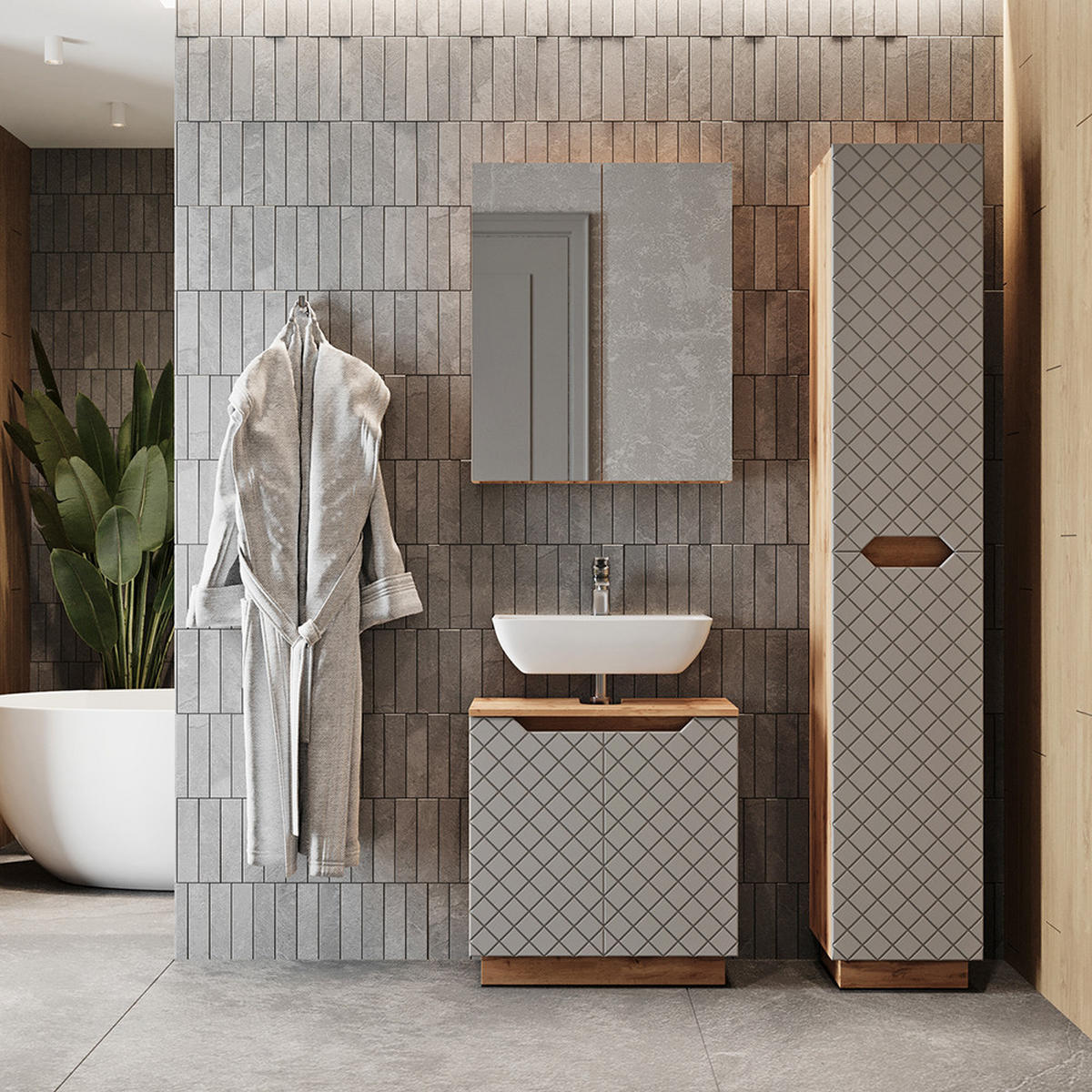 BADMÖBEL-SET Lotta Eiche/Grau mit Kachelstruktur 3 Teile - Grau, Holzwerkstoff (59.8/62.1/32cm) - Vicco