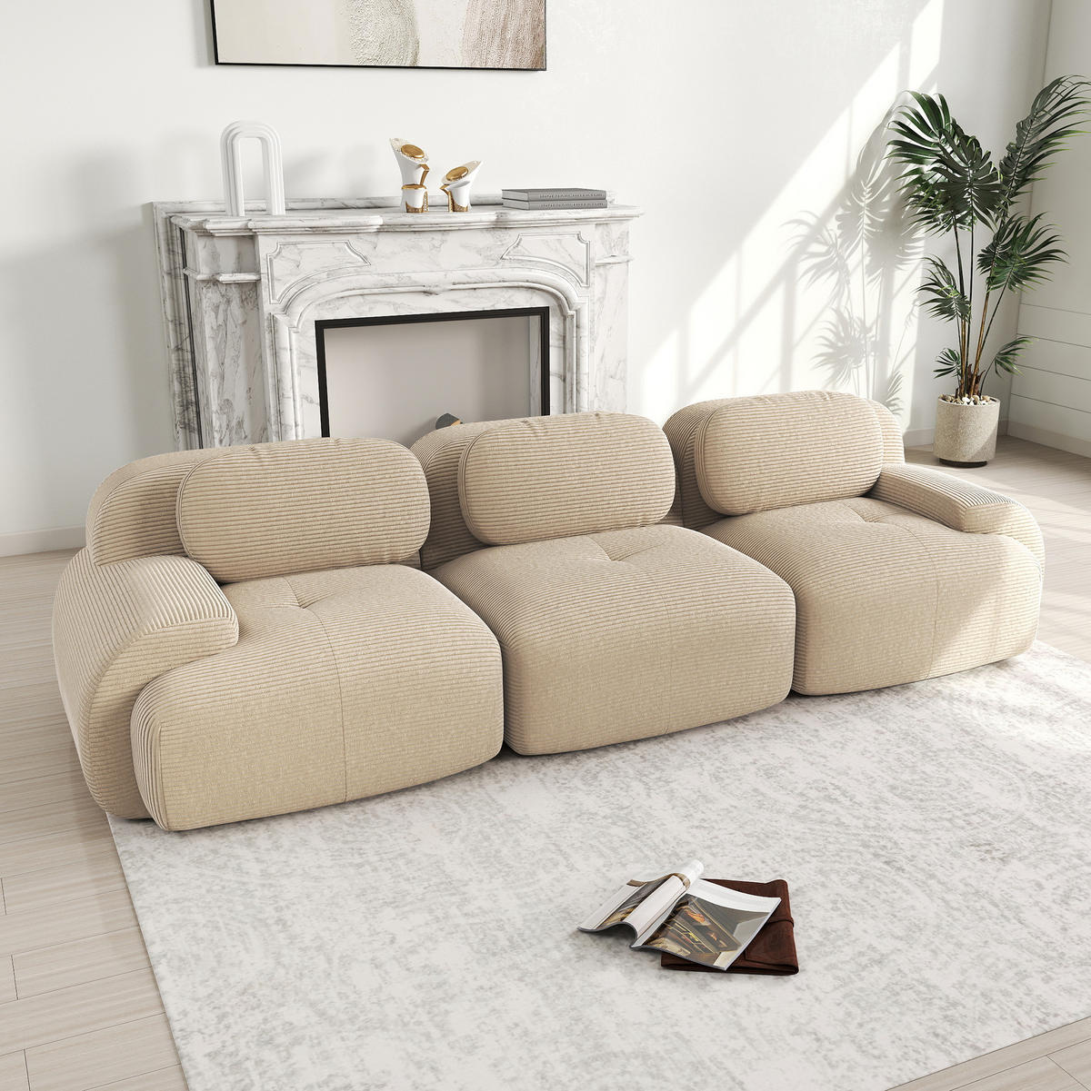 SOFA modular rahmenlos Cord Beige 3-Sitzer - Beige, Kunststoff (103/75/298cm) - Meubliv