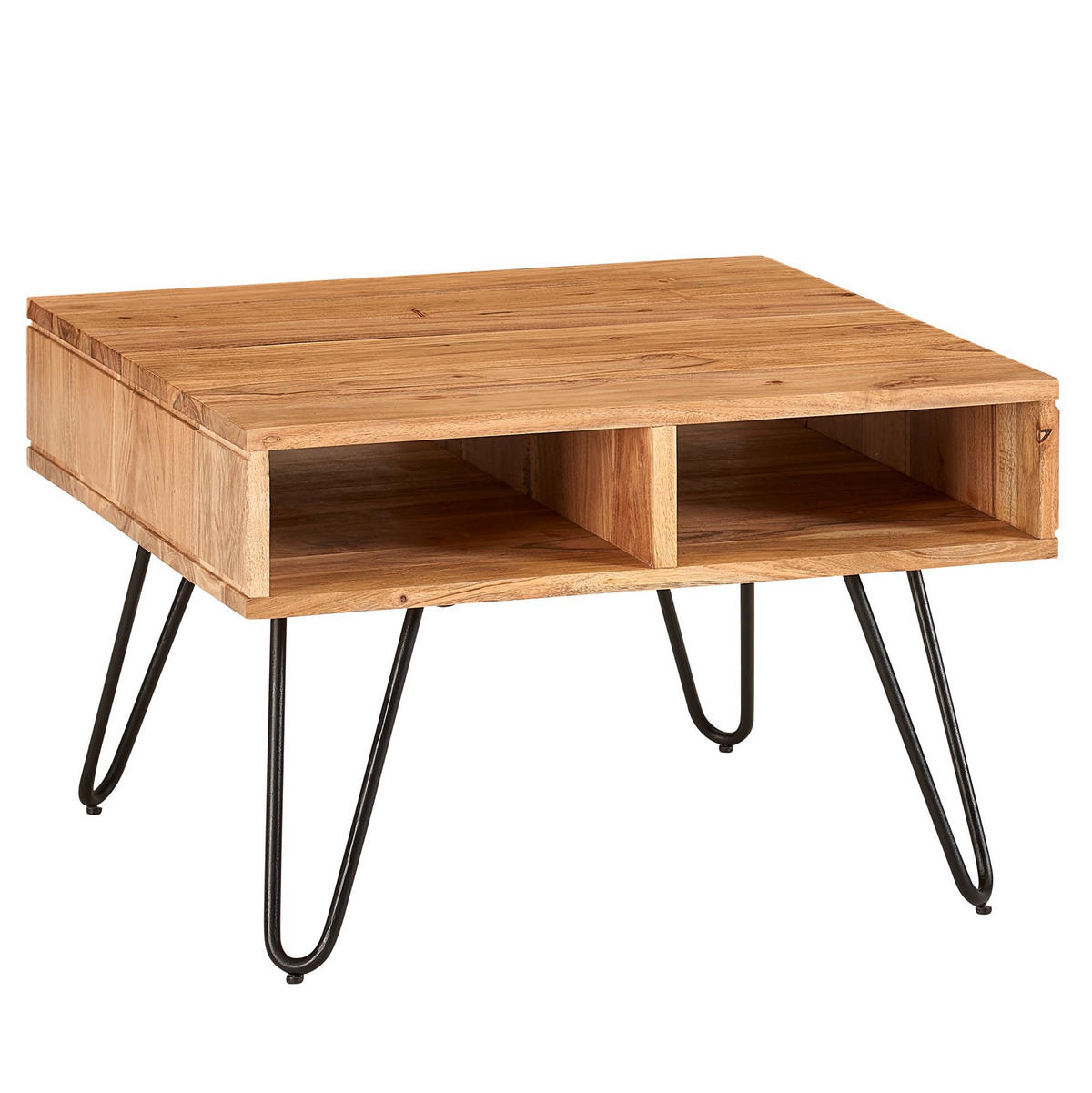 COUCHTISCH aus massivem Akazienholz mit Metallgestell und Stauraum im modernen Design - Beige/Schwarz, Holz/Metall (60/60/40cm) - KADIMA DESIGN